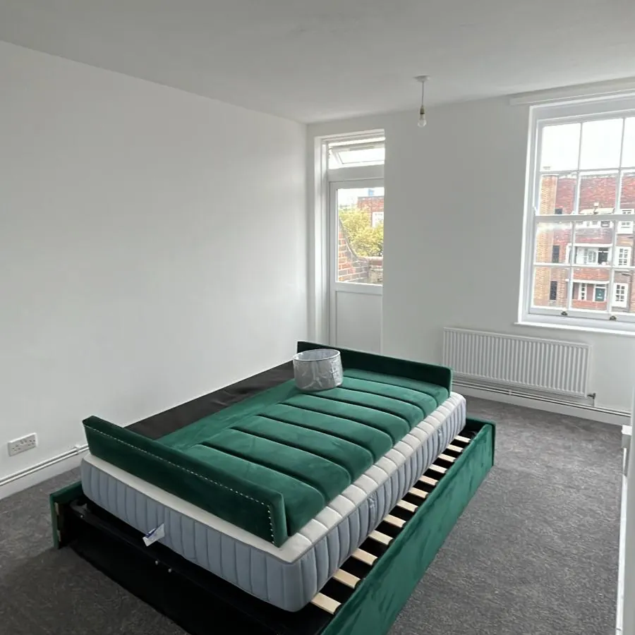 Bedroom with white walls and two sash windows