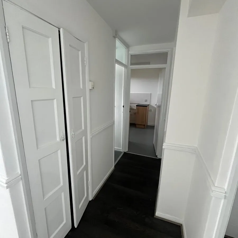 Hallway with panelled doors painted white above a dark floor